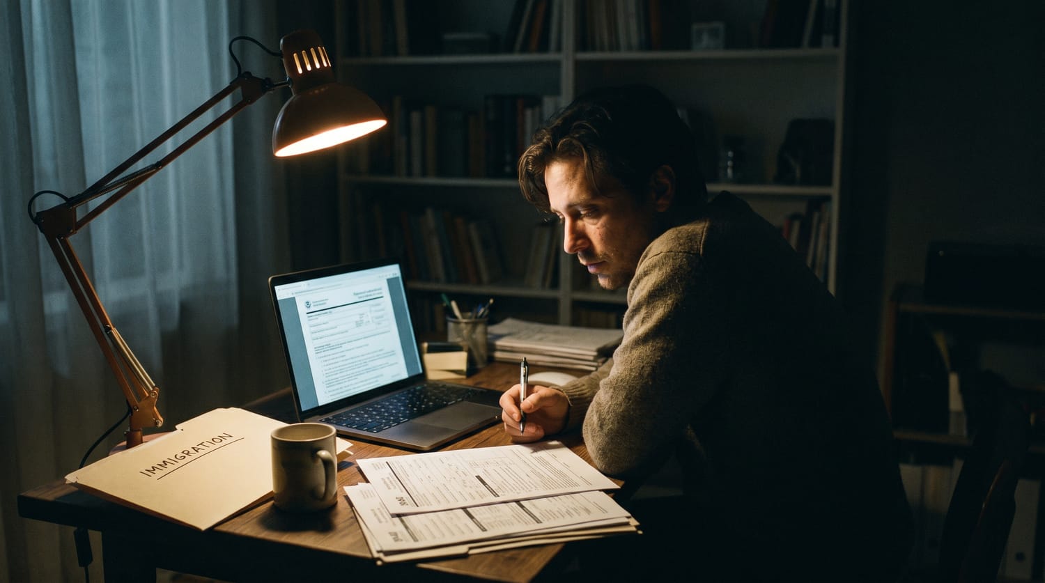 Pessoa montando o próprio caso de imigração à noite, com notebook e documentos sobre a mesa.